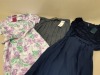 FULL PALLET OF CLOTHING CONTAINING AMALINA GREEN SWEATERPANTS, AMBER NAVY COLOURED DRESSES, EMILY ROSE PURPLE FLOWER DETAIL DRESSES AND SHORT FITTED BLUE SKIRTS