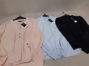 12 PIECE MIXED DOROTHY PERKINS LOT CONTAINING LIGHT GREY DRESSES, PINK BLOUSES AND NAVY COLOURED PANTS ETC.