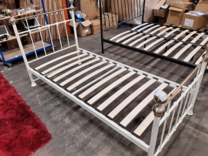 2 X SINGLE BEDS WHITE METAL WITH BRASS ORNAMENT