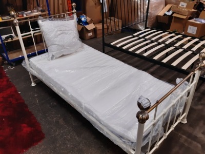 1 X SINGLE BEDS WHITE METAL WITH BRASS ORNAMENT (SAMPLE PRE BUILT ) COMES WITH A MATTRES AND A PILLOW