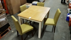 1 X EXTENDABLE DINING TABLE IN OAK 120CM (160CM WHEN EXTENDED) X 90CM WITH 4 X GREEN FABRIC CHAIRS