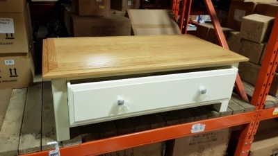 1 X COFFEE TABLE/ TV STAND IN OAK AND CREAM 1 DRAW 58CM X 110CM X 38CM