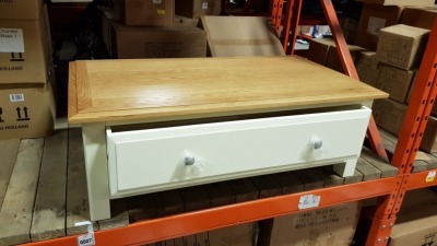 1 X COFFEE TABLE/ TV STAND IN OAK AND CREAM 1 DRAW 58CM X 110CM X 38CM