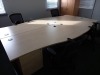 4 BEECH COLOURED WAVE SHAPED OFFICE DESKS PLUS 4 ADJUSTABLE OFFICE CHAIRS IN MESH DESIGN - 2