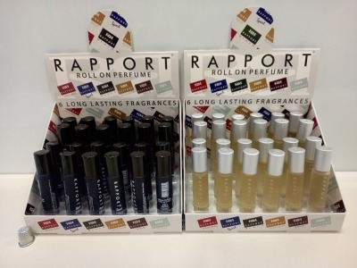 12 X SETS OF 24 X RAPPORT ROLL ON PERFUME IN VARIOUS COLOURS IE SILVER, SPOT AND PLATINUM