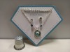 30 + NADYA 3 PIECE BIRTHSTONE GIFTSET - AQUAMARINE COLOURED - 1 X NECKLACE AND 2 X PAIRS OF EARRINGS AND 30 + BRENNA CHARM SET - 3 X CHARMS IN A TRAY (NOT INCLUDED)