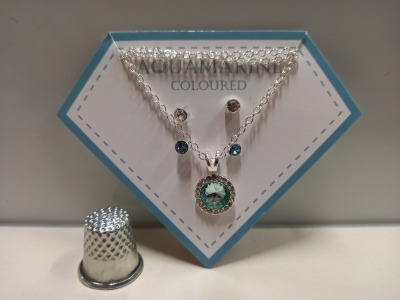 30 + NADYA 3 PIECE BIRTHSTONE GIFTSET - AQUAMARINE COLOURED - 1 X NECKLACE AND 2 X PAIRS OF EARRINGS AND 30 + BRENNA CHARM SET - 3 X CHARMS IN A TRAY (NOT INCLUDED)