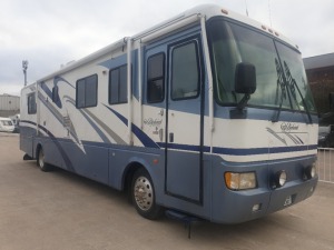 BLUE/WHITE MONACO DIPLOMAT MOTORHOME (DIESEL) Reg No: X132 CNO MILES: 57991 ENGINE SIZE: 3500CC DETAILS: 1 KEY, NO V5, NO MOT, 38' RECREATIONAL VEHICLE, FULL SIZED DOUBLE BED WITH NEW MATTRESS, FULL SIZED SHOWER & SINK, FULL SIZED TOILET, FULL SIZED WASHE