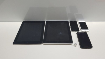 2 X APPLE IPADS, 2 X IPHONES AND 1 X MOTOROLA PHONE ALL FOR SPARES