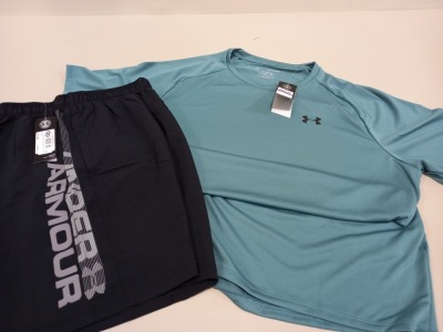 8 X BRAND NEW UA WOVEN BLACK GRAPH SHORTS SIZE SMALL TOTAL RRP £159.92 AND 10 X BRAND NEW UNDER ARMOUR TECH SHIRTS