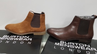 10 X PAIRS OF SHOES IE - 6 X BRAND NEW BURTON MENSWEAR BROWN LEATHER CHELSEA SHOES UK SIZE 8 AND 4 X BRAND NEW BROWN SUEDE CHELSEA BOOT SHOES UK SIZE 9