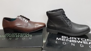 8 X PAIRS OF SHOES IE - 5 X BRAND NEW BURTON MENSWEAR BROWN LEATHER FORMAL SHOES UK SIZE 10 AND 3 X BRAND NEW BURTON MENSWEAR BLACK LEATHER LOOK CHUKKA UK SIZE 7