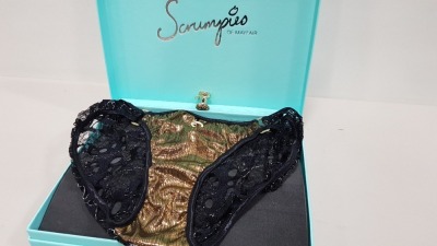 50 X SCRUMPIES OF MAYFAIR HONEY CRUNCH GOLD TANGA BRIEFS - SIZES 8 & 12 (1,3) - 25 EACH - WITH BAG OF 50 CHARMS AND 50 PRESENTATION BOXES - ORIG RRP £35 RRP (£1750.00)