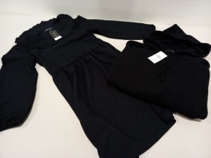 13 PIECE CLOTHING LOT CONTAINING - 10 X BRAND NEW DOROTHY PERKINS HOODED CARDIGAN SIZE UK 24 AND 3 X BRAND NEW DOROTHY PERKINS BLACK DRESSES UK SIZE 14 TOTAL RRP £344.00