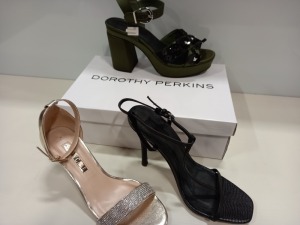 11 X BRAND NEW TOPSHOP AND DOROTHY PERKINS SHOES - 7 X BRAND NEW HEELED SANDALS GOLD BLINGER UK SIZE 4 RRP £28.00 AND 4 X BRAND NEW TOPSHOP LOTUS KHAKI UK SIZE 5 RRP £59.00