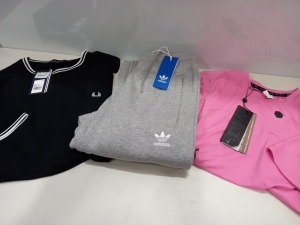 11 PIECE CLOTHING LOT CONTAINING 4 X LARGE UNDER ARMOUR SHIRTS, 2 X FRED PERRY POLO SHIRTS AND ADIDAS TRACKSUIT PANTS ETC