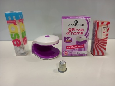 APPROX 60 X BRAND NEW ESSENCE GELS NAILS AT HOME MINI LED LAMPS PLUS APPROX 100 X NAIL POLISH IN VARIOUS COLOURS - TOTAL RRP £979.00 (TRAY NOT INCLUDED)