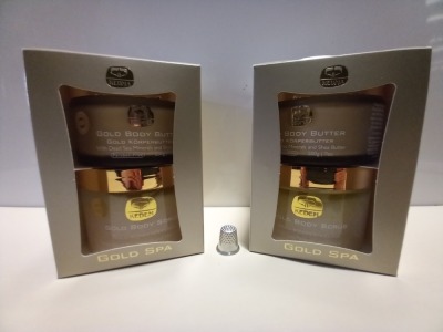 4 X BRAND NEW KEDMA GOLD SPA SET CONTAINING 200G GOLD BODY BUTTER WITH DEAD SEA MINERALS AND SHEA BUTTER AND 500G GOLD BODY SCRUB WITH DEAD SEA MINERALS AND NATURAL OILS.