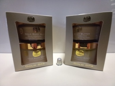 4 X BRAND NEW KEDMA GOLD SPA SET CONTAINING 200G GOLD BODY BUTTER WITH DEAD SEA MINERALS AND SHEA BUTTER AND 500G GOLD BODY SCRUB WITH DEAD SEA MINERALS AND NATURAL OILS.