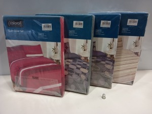 25 X BRAND NEW DOUBLE COLOROLL QUILT COVER SETS IN RED STRIPES, SPOTTY PURPLE, WHITE AND BLUE FLORAL, PINK FLORAL AND CREAM AND BROWN STRIPE ETC