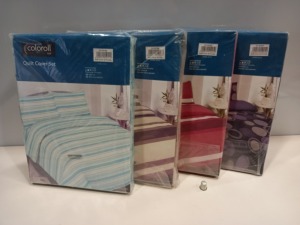 25 X BRAND NEW DOUBLE COLOROLL QUILT COVER SETS IN RED STRIPES, SPOTTY PURPLE, WHITE AND BLUE FLORAL, PINK FLORAL AND CREAM AND BROWN STRIPE ETC