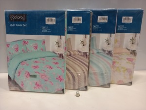 25 X BRAND NEW COLOROLL SINGLE QUILT COVER SETS IN VARIOUS STYLES I.E PINK FLORAL, BLUE FLORAL, WHITE FLORAL, BLUE SPOTTED, CREAM AND BROWN SPOTTED, CREAM AND BROWN STRIPE ETC