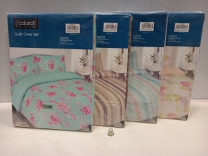 25 X BRAND NEW COLOROLL SINGLE QUILT COVER SETS IN VARIOUS STYLES I.E PINK FLORAL, BLUE FLORAL, WHITE FLORAL, BLUE SPOTTED, CREAM AND BROWN SPOTTED, CREAM AND BROWN STRIPE ETC