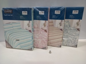 25 X BRAND NEW COLOROLL DOUBLE QUILT COVER SETS IN VARIOUS STYLES I.E PINK FLORAL, BLUE FLORAL, WHITE FLORAL, BLUE SPOTTED, CREAM AND BROWN SPOTTED, CREAM AND BROWN STRIPE ETC