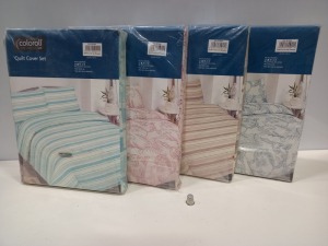 25 X BRAND NEW COLOROLL DOUBLE QUILT COVER SETS IN VARIOUS STYLES I.E PINK FLORAL, BLUE FLORAL, WHITE FLORAL, BLUE SPOTTED, CREAM AND BROWN SPOTTED, CREAM AND BROWN STRIPE ETC