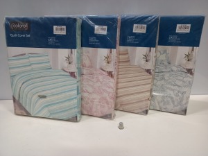 25 X BRAND NEW COLOROLL DOUBLE QUILT COVER SETS IN VARIOUS STYLES I.E PINK FLORAL, BLUE FLORAL, WHITE FLORAL, BLUE SPOTTED, CREAM AND BROWN SPOTTED, CREAM AND BROWN STRIPE ETC