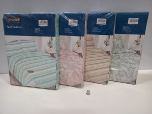 25 X BRAND NEW COLOROLL DOUBLE QUILT COVER SETS IN VARIOUS STYLES I.E PINK FLORAL, BLUE FLORAL, WHITE FLORAL, BLUE SPOTTED, CREAM AND BROWN SPOTTED, CREAM AND BROWN STRIPE ETC