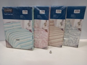 25 X BRAND NEW COLOROLL DOUBLE QUILT COVER SETS IN VARIOUS STYLES I.E PINK FLORAL, BLUE FLORAL, WHITE FLORAL, BLUE SPOTTED, CREAM AND BROWN SPOTTED, CREAM AND BROWN STRIPE ETC