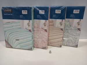 25 X BRAND NEW COLOROLL DOUBLE QUILT COVER SETS IN VARIOUS STYLES I.E PINK FLORAL, BLUE FLORAL, WHITE FLORAL, BLUE SPOTTED, CREAM AND BROWN SPOTTED, CREAM AND BROWN STRIPE ETC