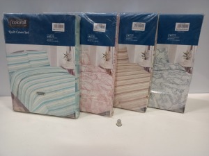 25 X BRAND NEW COLOROLL DOUBLE QUILT COVER SETS IN VARIOUS STYLES I.E PINK FLORAL, BLUE FLORAL, WHITE FLORAL, BLUE SPOTTED, CREAM AND BROWN SPOTTED, CREAM AND BROWN STRIPE ETC