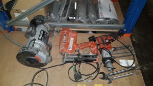 MISC LOT OF TOOLS TO INCLUDE - 1 X REXON BENCH GRINDER, 1 X PASLODE NAIL GUN BODY, 1 X BLACK & DECKER 240V COMBI DRILL AND 6 VARIOUS SPANNERS