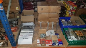 MISC HARDWARE CONTAINED ON HALF A BAY TO INCLUDE - APPROX 10 X SETS OF CHROME FINISHED LETTER BOXES, APPROX 40 X MIXED METAL JOIST HANGERS AND 11 X BOXES OF MIXED SCREWS, PLUGS ETC..