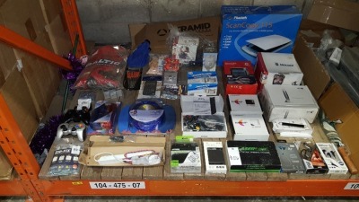 LARGE LOT CONTAINED ON HALF A BAY TO INCLUDE - (PLUSTEK) COPY PRINTER, 16 CHANNEL GPS RECEIVER, AMPLIFIER KIT, PARKING SYSTEM, GAME CONTROLLERS, VODAFONE HANDS FREE CAR KIT, SPORTS WIRELESS EAR BUDS ETC