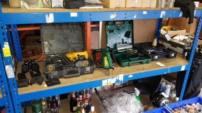 FULL SHELF TO CONTAIN - 1 X DEWALT PIN GUN WITH CHARGER & BATTERY IN CARRY CASE, 1 X (QUALCAST) 240V HEDGE MASTER ELECTRIC SAW, 1 X (BOSCH) PSB 18LI-2 DRILL WITH BATTERY AND CARRY CASE, 1 X (WORKZONE) 18V HAND HELD CIRCULAR SAW WITH BATTERY, CHARGER & CAR