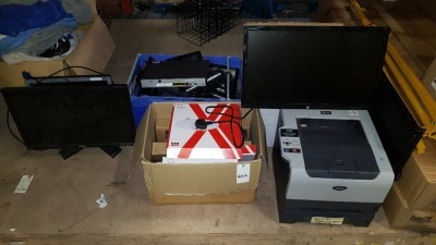 LARGE QUANTITY OF I.T EQUIPMENT TO INCLUDE - BROTHER HL-5270DN PRINTER, 3 X MONITORS, APPROX 19 X LINKSY/YEALINK PHONE SETS, BOX OF LIGHT FITTINGS ETC