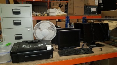 CONTAINED ON HALF A BAY - 5 X MONITORS, 1 X EPSON PRINTER, 1 X 3 DRAW FILING CABINET, KEYBOARD, FAN, HEADSET