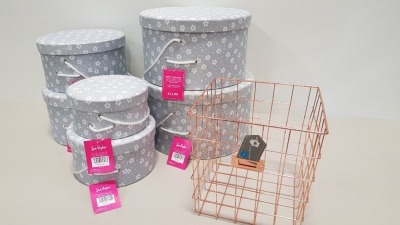 28 PIECE MIXED LOT CONTAINING 24 X BRAND NEW BOXED METAL COPPER BASKETS (54X27X54CM) AND 4 X GREY FLORAL HAT BOXES