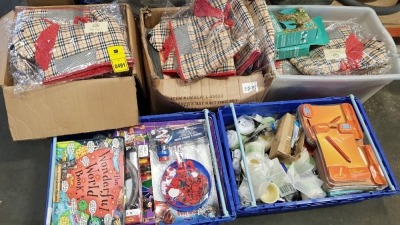 5 TRAYS CONTAINING BBQ TOOL STORAGE CASES, TEA COSIES, GRAND PRIX DVD SET, KIDS BOOKS, LED CANDLES AND MARVEL FRISBIE AND BUBBLES ETC