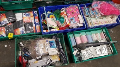 5 TRAYS CONTAINING ASSORTED ITEMS I.E BOYS THERMALS, CHILDRENS TOYS, BALOONS, TROLLS BACKPACK, ARM BANDS, NECKLACES AND BAKING ACCESSORIES ETC