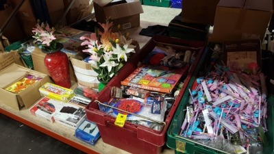 FULL BAY CONTAINING ASSORTED ITEMS I.E MASON JARS, COLOUR TESTERS, ART BOOKS, VASES, STATIONARY EQUIPMENT, TOYS, BUILD YOUR OWN PEUGEOT ETC