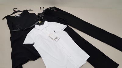 APPROX 190 X BRAND NEW ASSORTED CHILDRENS SCHOOLWEAR IE WHITE SCHOOL SHIRTS, GREY & BLACK PINAFORE DRESS AND SLIM LEG PANTS.