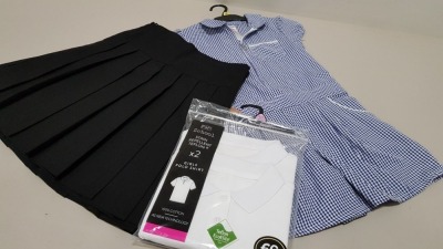 8 FULL TRAYS CONTAINING BRAND NEW ASSORTED CHILDRENS SCHOOLWEAR IE CHEQUERED PINAFORE DRESS, GIRLS SCHOOL POLO SHIRTS, SKIRTS ETC