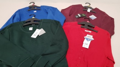 APPROX 150 X BRAND NEW ASSORTED CHILDRENS SCHOOLWEAR IE RED CARDIGAN AND BLUE JUMPER. - IN 5 BOXES