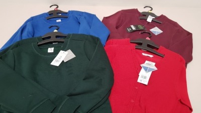 APPROX 150 X BRAND NEW ASSORTED CHILDRENS SCHOOLWEAR IE BLUE, GREEN AND GREY JUMPERS - IN 5 BOXES