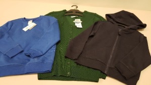 APPROX 200 X BRAND NEW ASSORTED SCHOOLWEAR IE BLUE JUMPER, HOODIE AND GREEN SWEATSHIRT - IN 9 BOXES