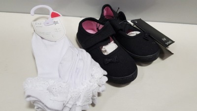 APPROX 80 X BRAND NEW CHILDRENS BLACK PLIMSOLLS AND 1 X TRAY CONTAINING LARGE QUANTITY OF WHITE GIRLS SOCKS RETAIL £500.00 MIN - IN 5 TRAYS